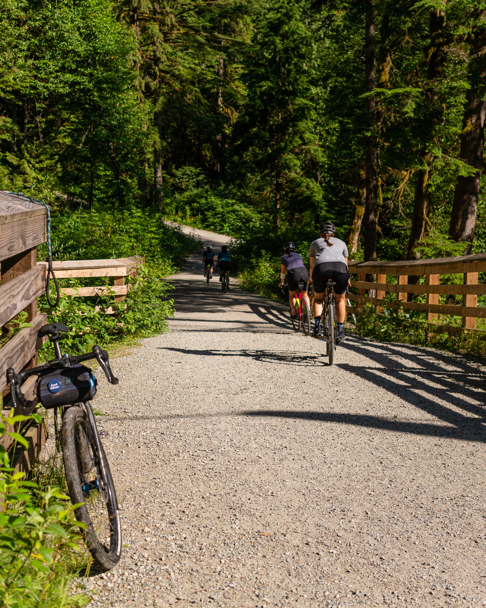 Four cyclists riding on a gravel path surrounded by dense green forest, with one bike parked against a wooden railing.